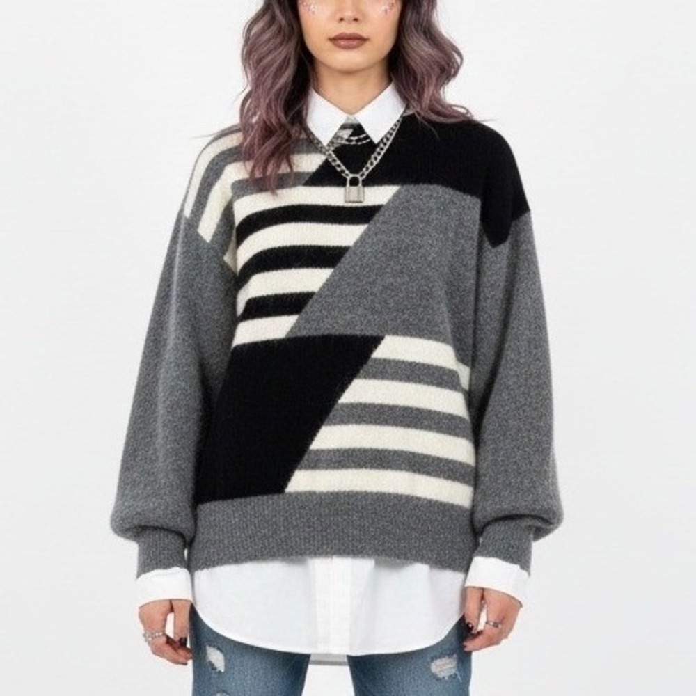 Richard & Co. Vintage Angora Lambswool Graphic Stripe‎ Sweater Fuzzy Knit Medium